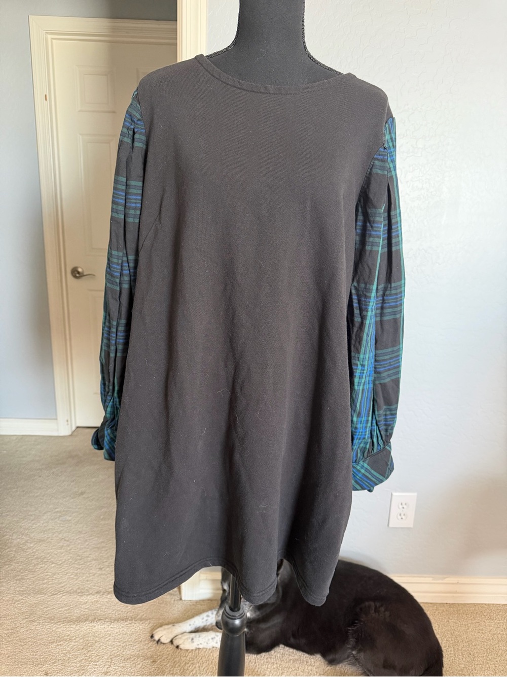 Black dress with Blue-Green Plaid Sleeves